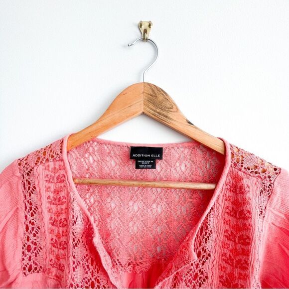 Addition Elle Peasant Blouse Coral Flowy Top Crochet Embroidery Women's Plus 14 - Picture 3 of 6